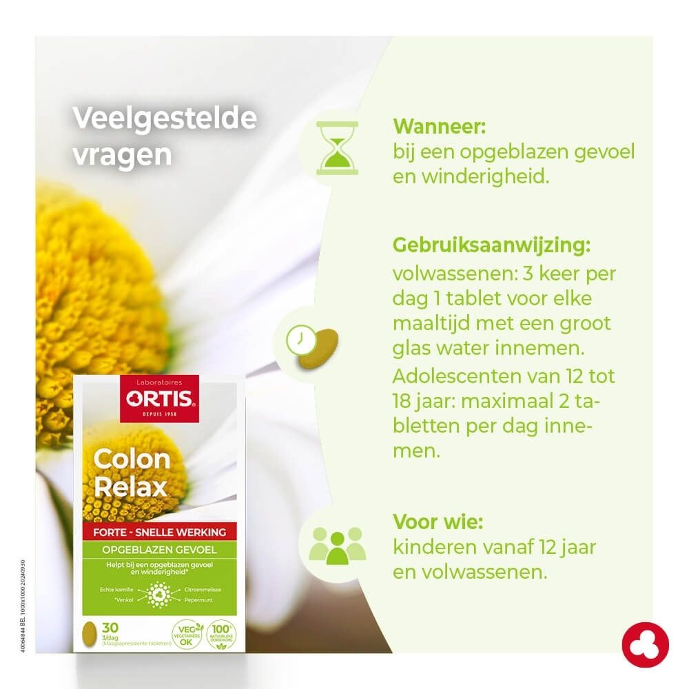 Ortis Colon Relax Forte verpakking met kamillebloem, 30 maagsapresistente tabletten.