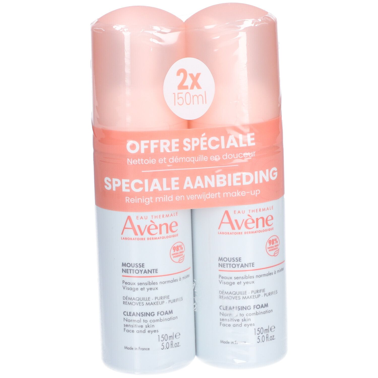 Dubbelverpakking reinigingsschuim. Twee flessen in folie. Opschrift: Avene, Mousse Nettoyante, 2x150ml. Tekst: Offre Spéciale, Speciale Aanbieding.