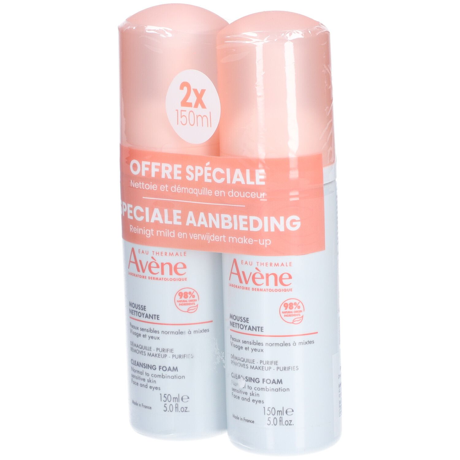 Dubbelverpakking reinigingsschuim. Twee flessen in transparante folie. Roze doppen, wit etiket met tekst. "Speciale aanbieding".