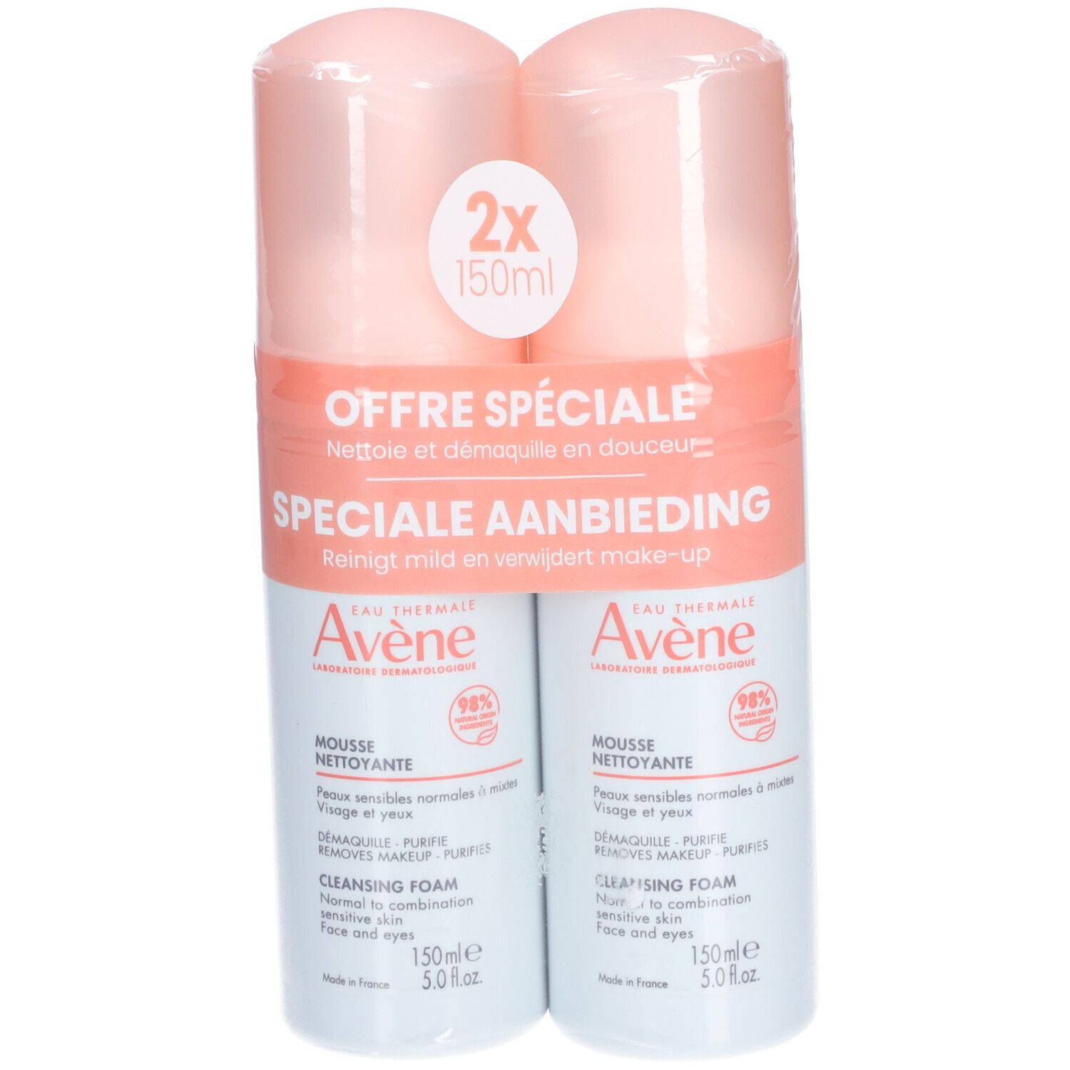 Dubbelverpakking reinigingsschuim. Twee flessen in folie. Opschrift: Avene, Mousse Nettoyante, 2x150ml. Tekst: Offre Spéciale, Speciale Aanbieding.