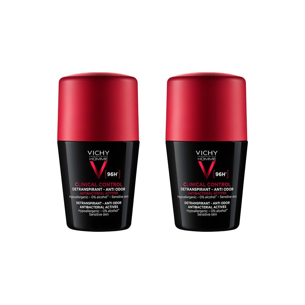 Deux Vichy Homme Clinical Control Roll-Ons. Flacons noirs et rouges avec bouchon rouge.
