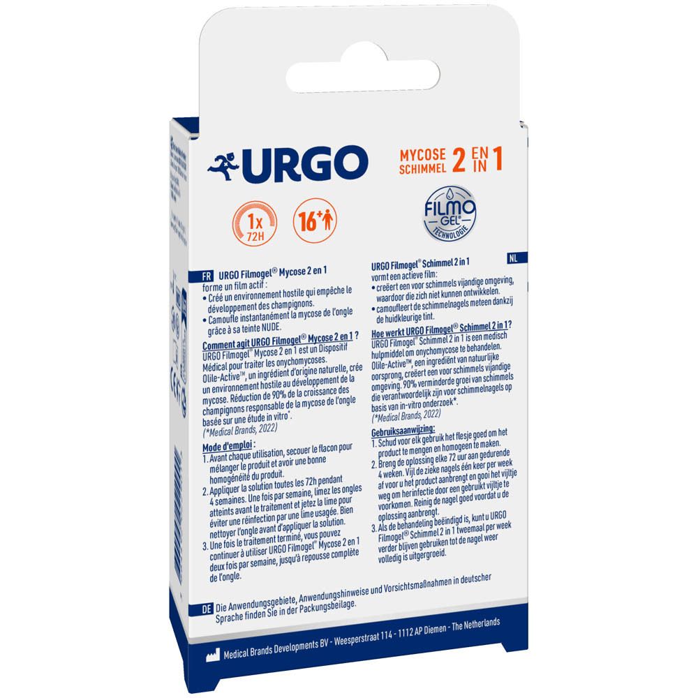 Achterkant van de URGO Filmogel Mycose 2-en-1 Nude verpakking. Blauwe doos met tekst en info.