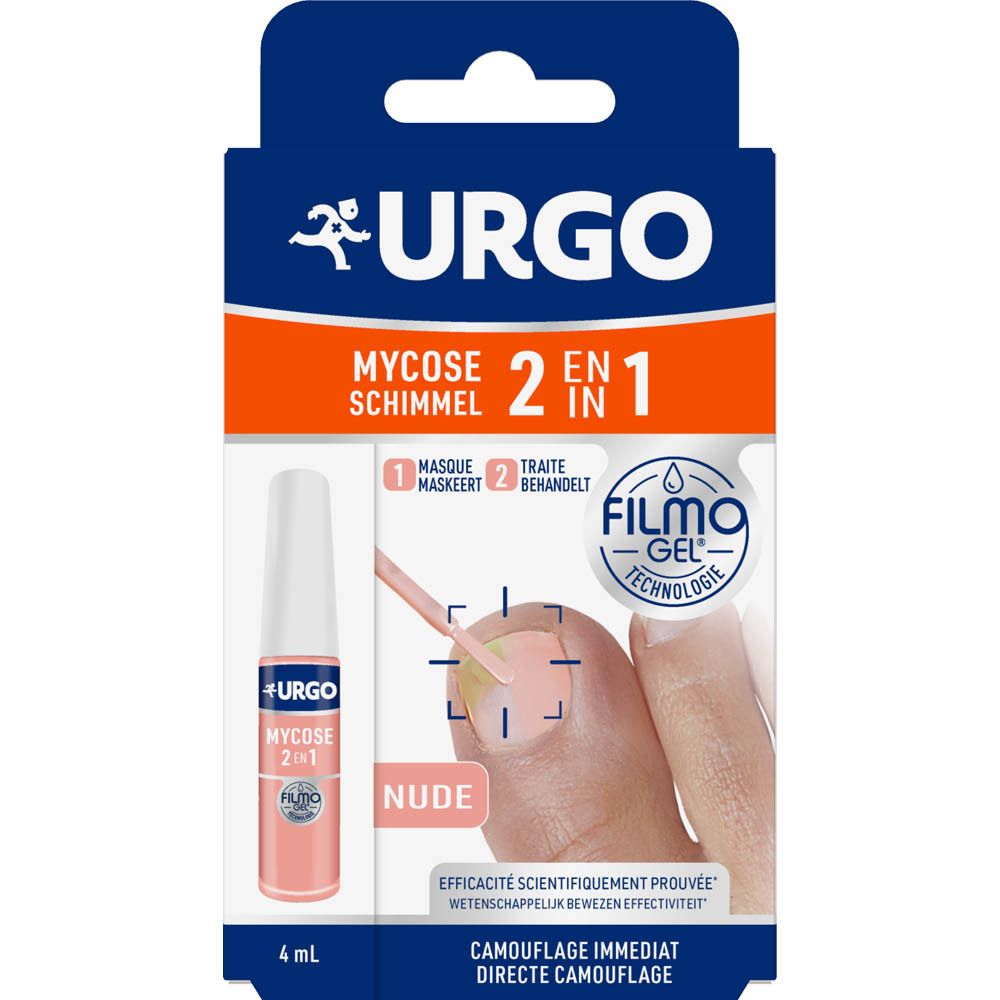 URGO Filmogel Mycose 2-en-1 Nude verpakking. Blauwe doos met productafbeelding en tekst.