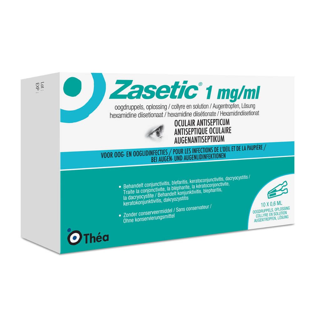 Boîte de gouttes ophtalmiques Zasetic 1 mg/ml. Inscription: Antiseptique oculaire. Contient 10 unidoses. Marque: Théa.