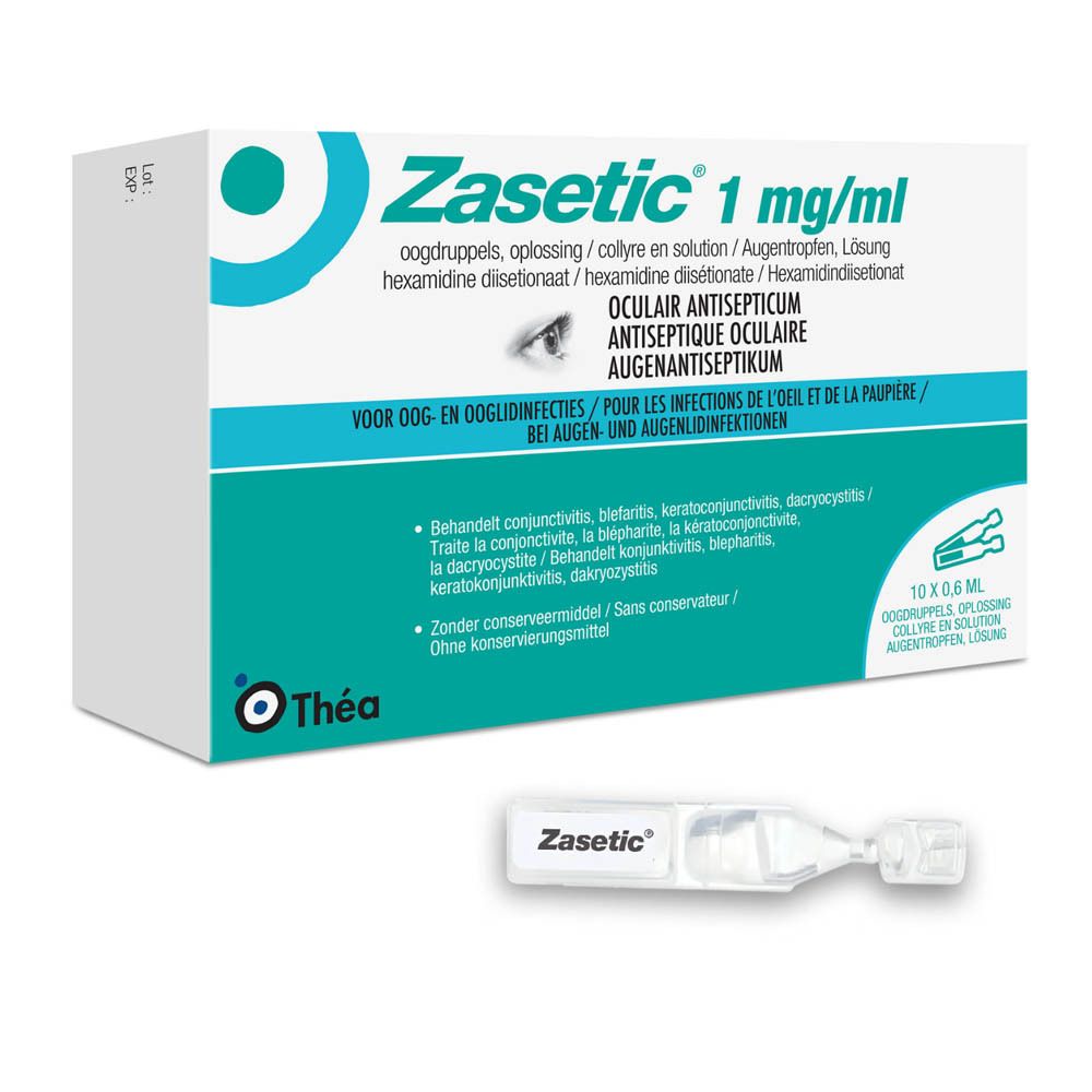 Boîte de gouttes ophtalmiques Zasetic 1 mg/ml avec une unidose. Inscription: Zasetic. Marque: Théa. 10 x 0,6 ml.
