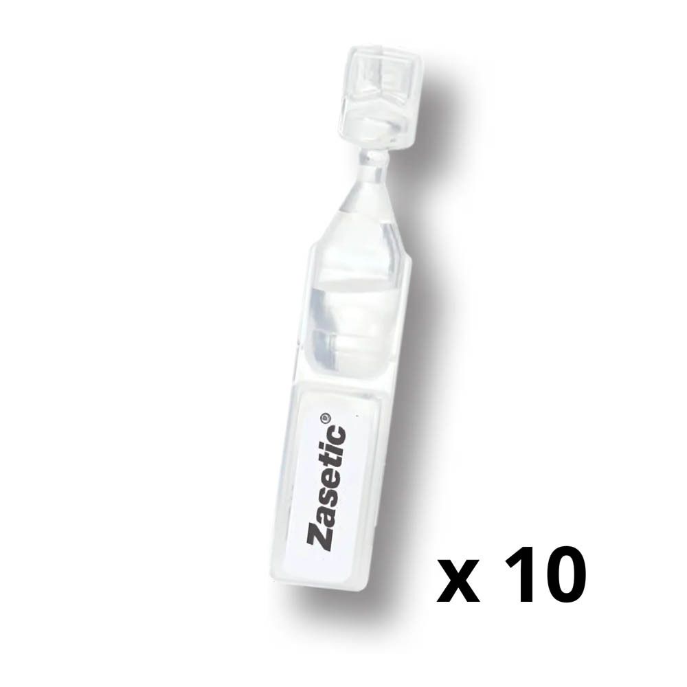 Unidose de gouttes ophtalmiques. Inscription: Zasetic. Récipient transparent. 10 pièces.