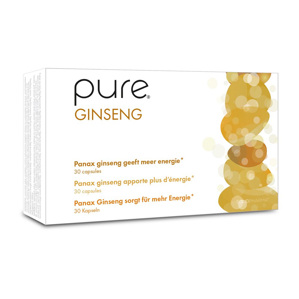 Boîte blanche avec logo "pure GINSENG". Inscription: Panax Ginseng, 30 capsules. Graphique jaune rond.