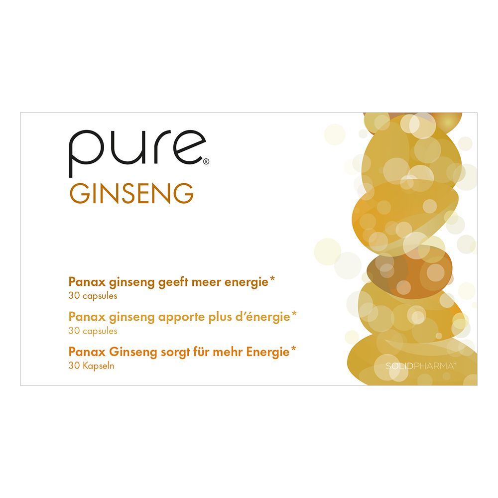 Twee "pure GINSENG" dozen. Pijlen met tekst: energie, efficiënt, snel effect, hooggedoseerd extract.