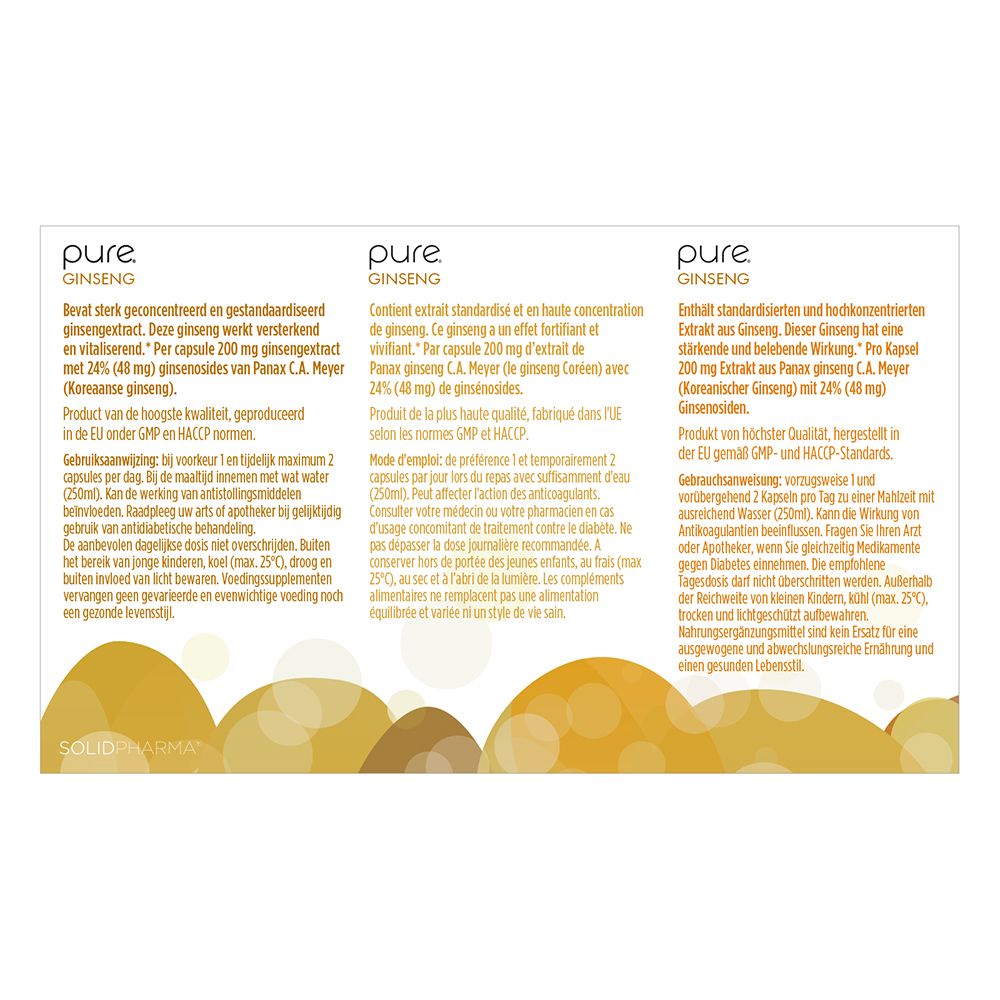 Graphique avec emballage "pure B forte". Flèches avec texte: hygiène, 4 langues, vitamines, normes de production.