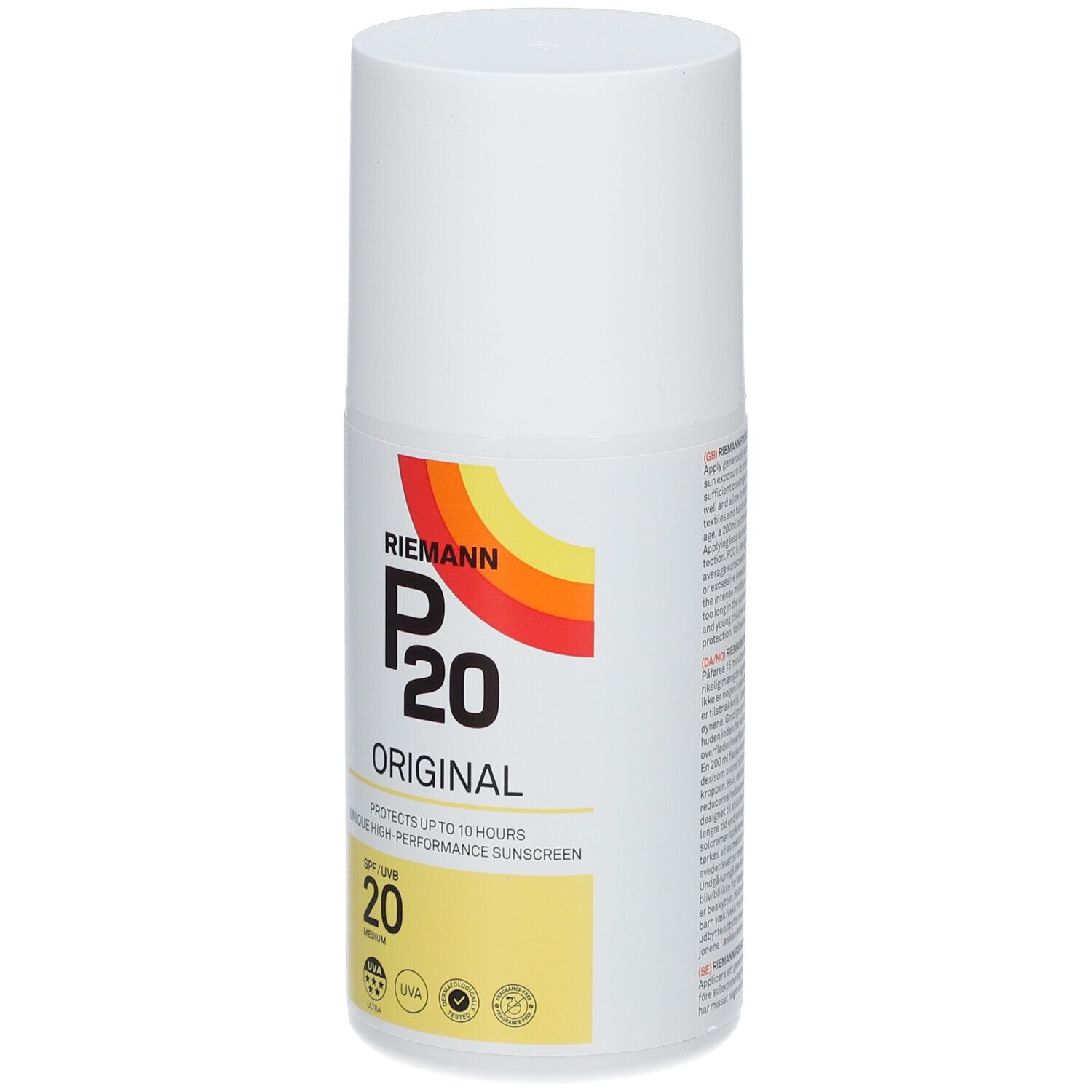Witte fles RIEMANN P20 Original SPF20. Geel vlak met SPF 20. Kleurrijk logo.