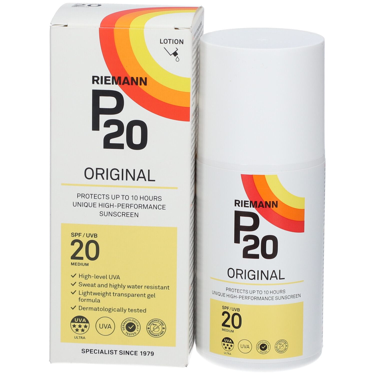 RIEMANN P20 Original SPF20 fles en doos. Geel vlak met SPF 20. Kleurrijk logo.