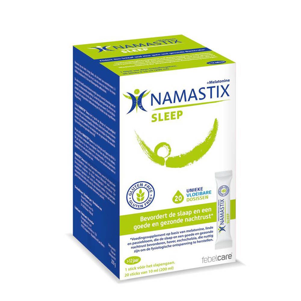 Namastix Sleep-verpakking. Witte doos met logo en productnaam. Bevat 20 doses. Enkele dosis zichtbaar.