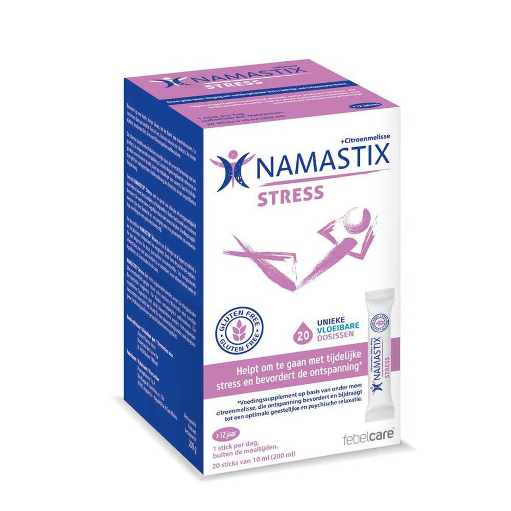 Namastix Stress verpakking. Bevat 20 vloeibare doses. Nederlandse tekst. Glutenvrij zegel.