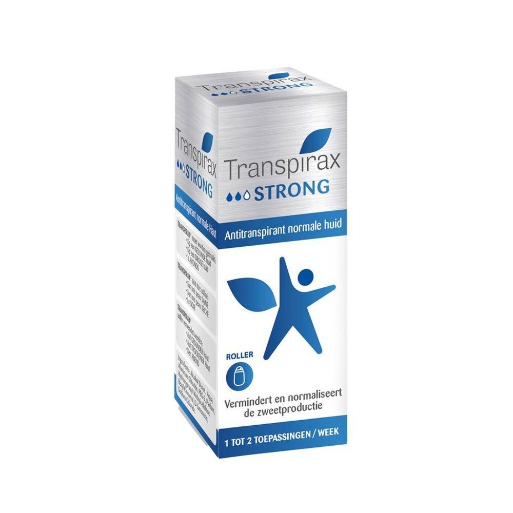 Productverpakking. Opschrift: Transpirax Strong. Antitranspirant voor normale huid. Roller applicator.