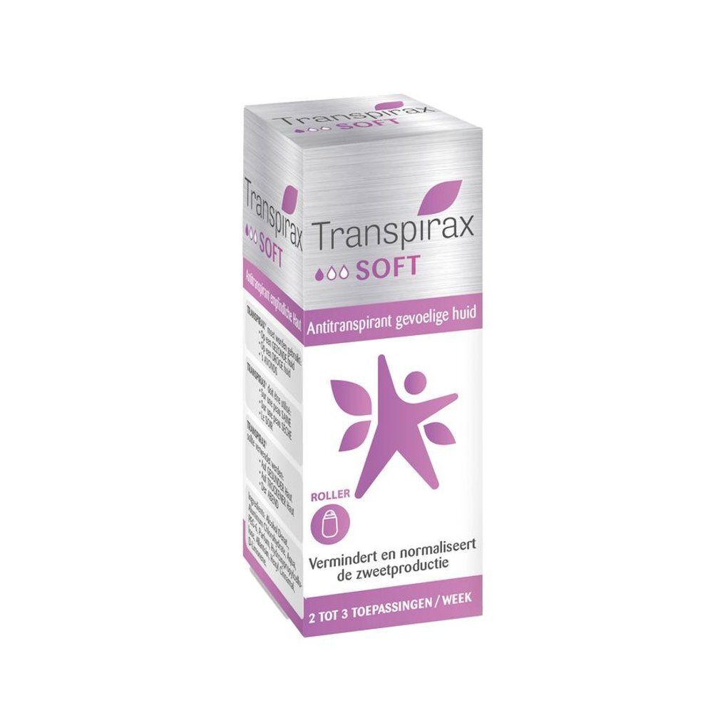 Verpakking met antitranspirant roller. Opschrift: Transpirax Soft. Gevoelige huid. 2-3 toepassingen per week.