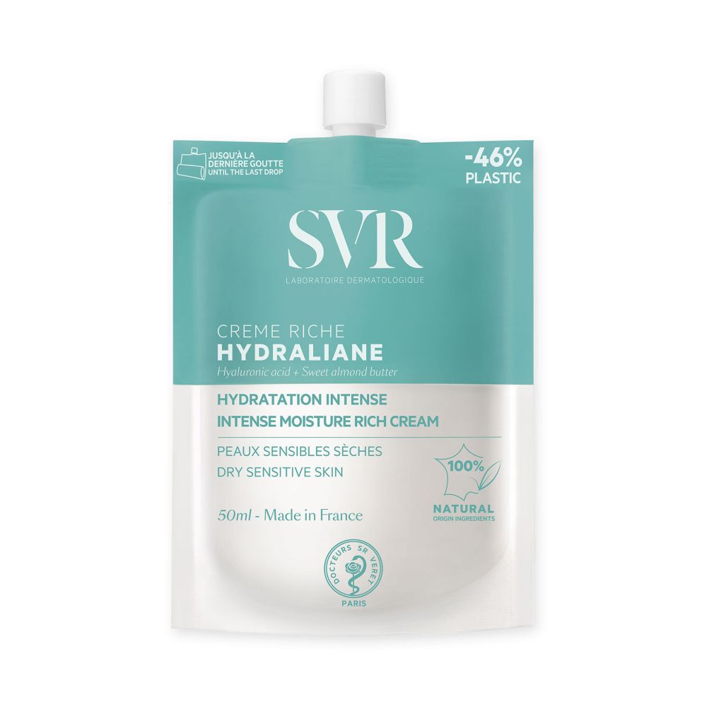 Sachet SVR Crème Riche Hydraliane. Emballage turquoise et blanc. Texte: Hydratation Intense, Peaux Sensibles Sèches. Avec bouchon.