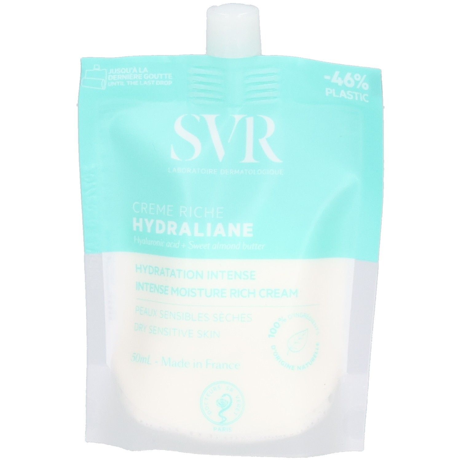 Zakje SVR Crème Riche Hydraliane. Turquoise en witte verpakking. Tekst: Hydratation Intense, Peaux Sensibles Sèches. Met dop.