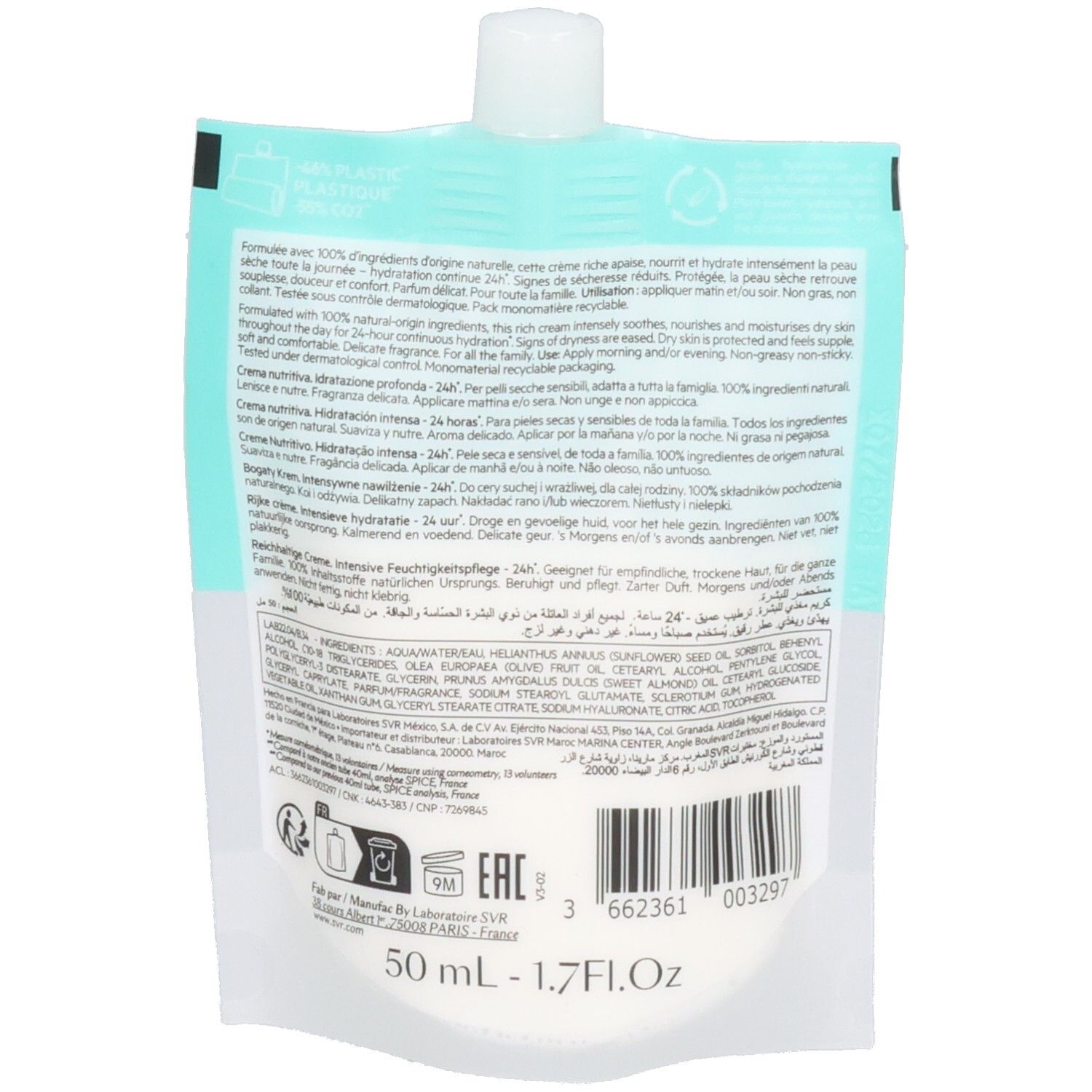 Achterkant van het SVR Crème Riche Hydraliane zakje. Meertalige tekst. Bevat ingrediënten, fabrikantinfo en barcode.