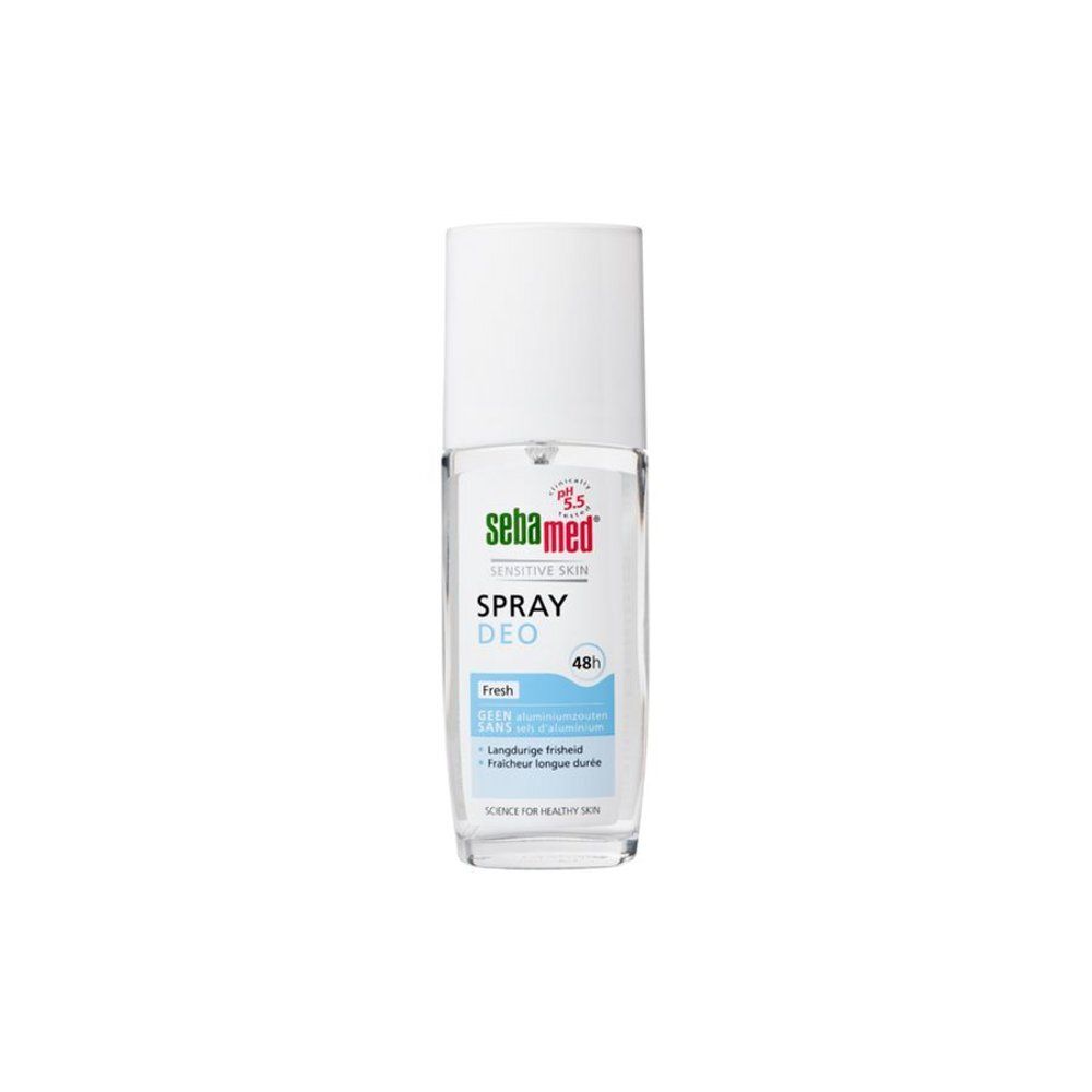 Sebamed Spray Deo. Flacon transparent, bouchon blanc. Étiquette avec nom du produit et 'Fresh'.