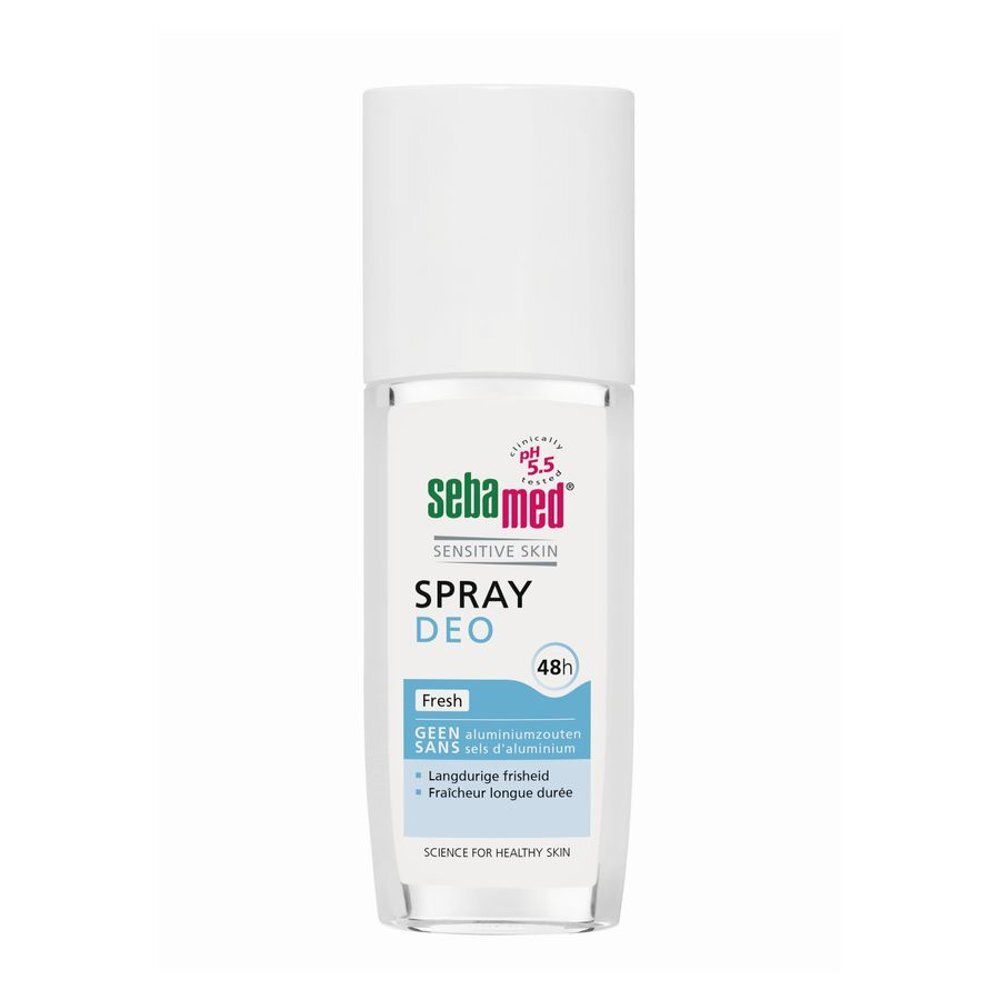 Sebamed Spray Deo. Flacon transparent, bouchon blanc. Étiquette avec nom du produit et 'Fresh'.