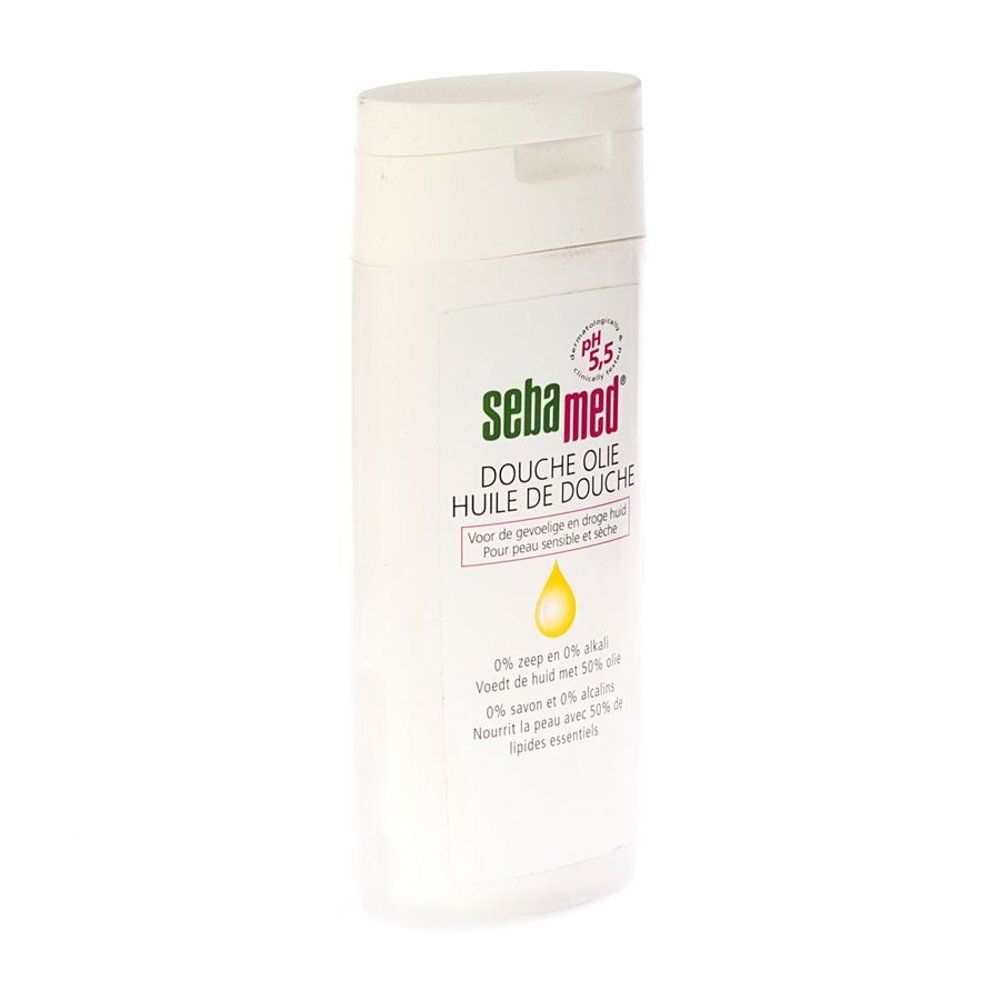 Flacon blanc Sebamed Huile de Douche. Logo vert, goutte jaune. Texte: pH 5.5, pour peaux sensibles et sèches.