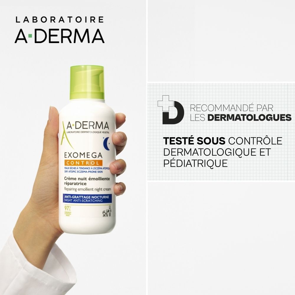 Flacon A-Derma Exomega Control. Crème de nuit. Bouchon vert. Inscriptions visibles sur le flacon.