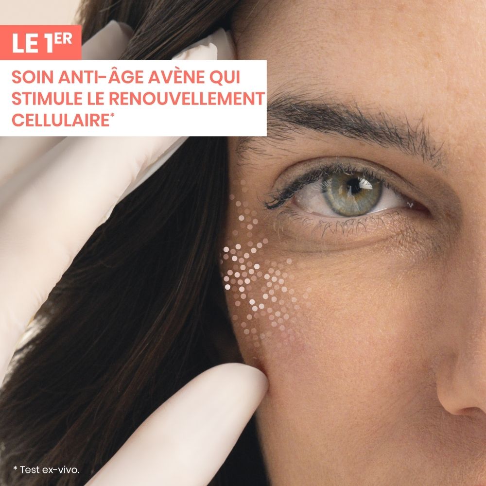 Pot en verre avec couvercle blanc. Inscription: Eau Thermale Avène, Hyaluron Activ B3, Aqua Gel-Crème.