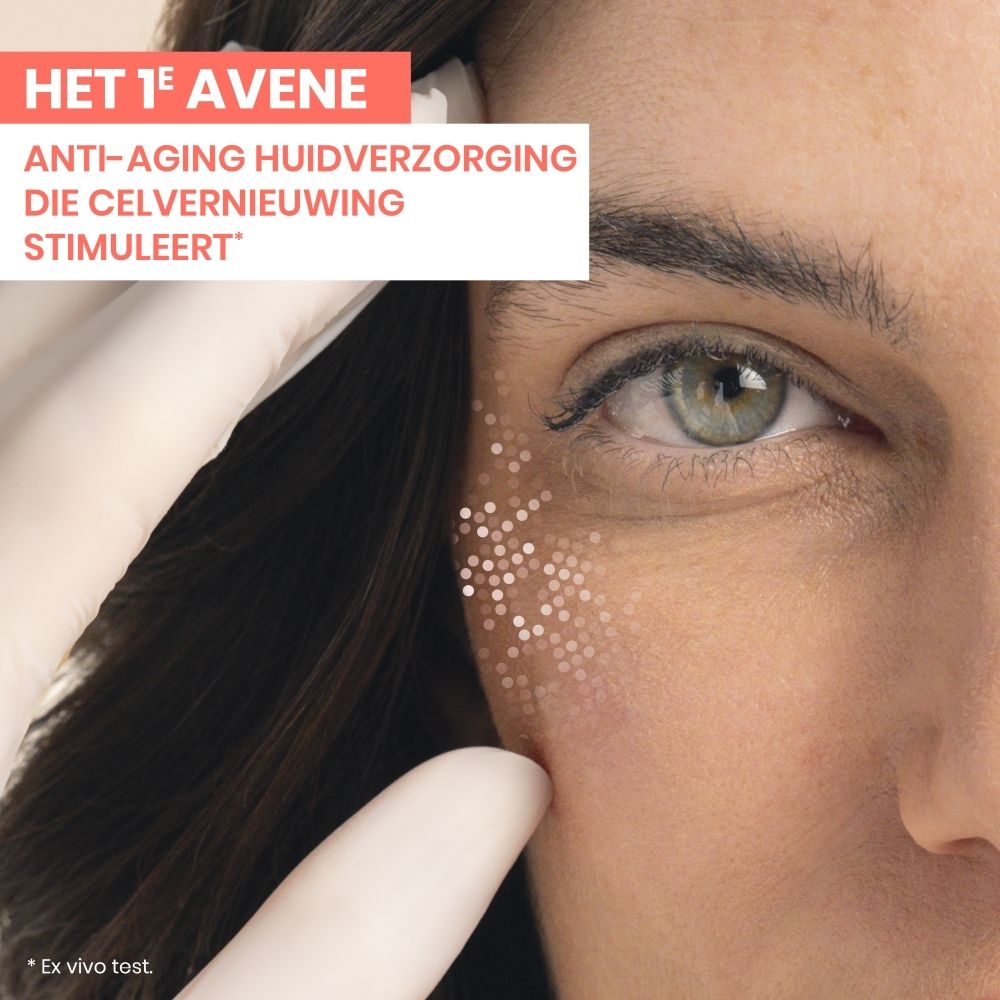 Glazen pot met witte deksel. Opschrift: Eau Thermale Avène, Hyaluron Activ B3, Aqua Gel-Crème.