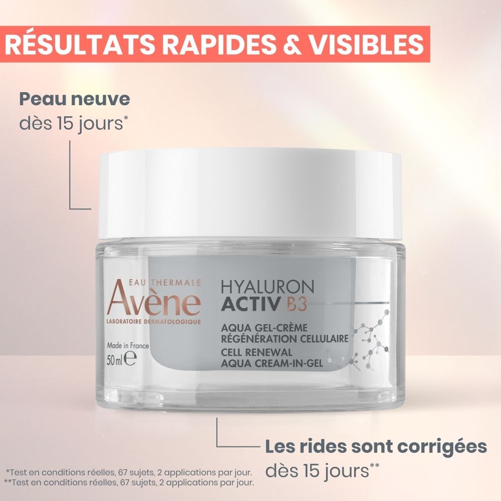 Pot en verre avec couvercle blanc. Inscription: Eau Thermale Avène, Hyaluron Activ B3, Aqua Gel-Crème.