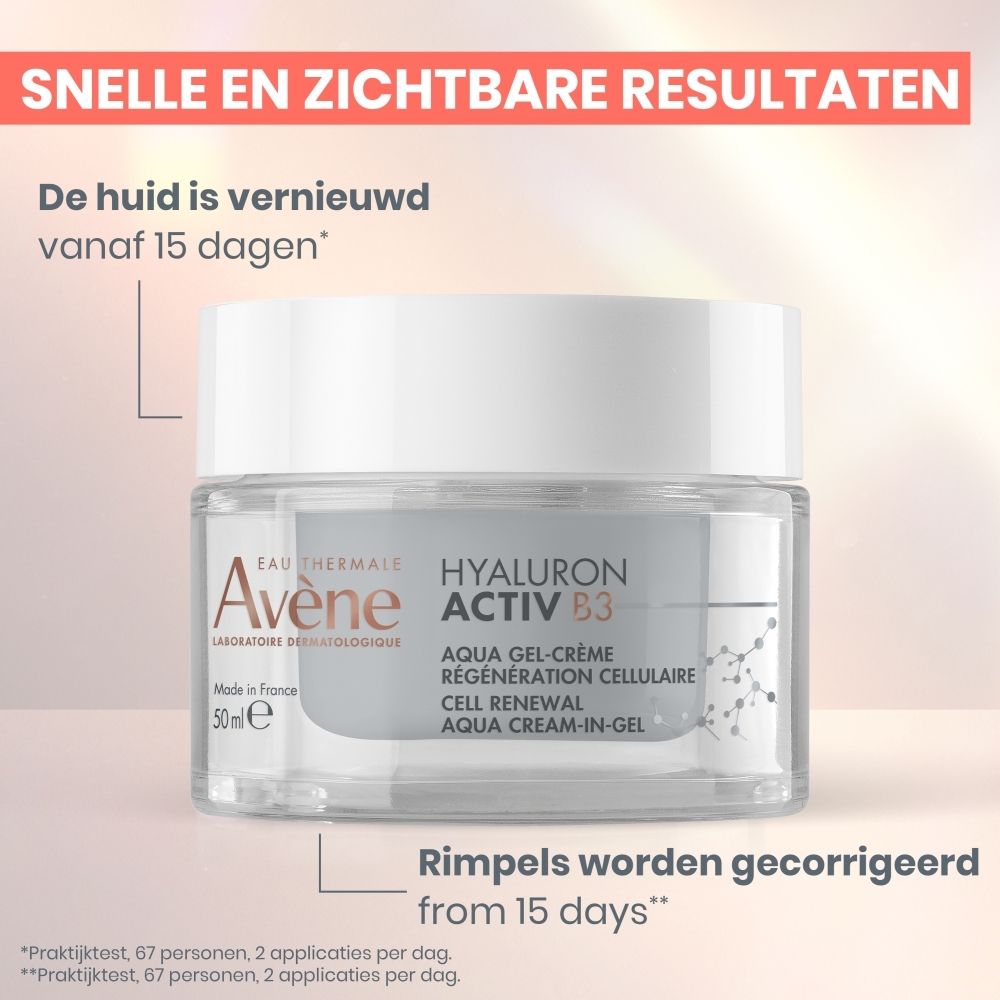 Glazen pot met witte deksel. Opschrift: Eau Thermale Avène, Hyaluron Activ B3, Aqua Gel-Crème.