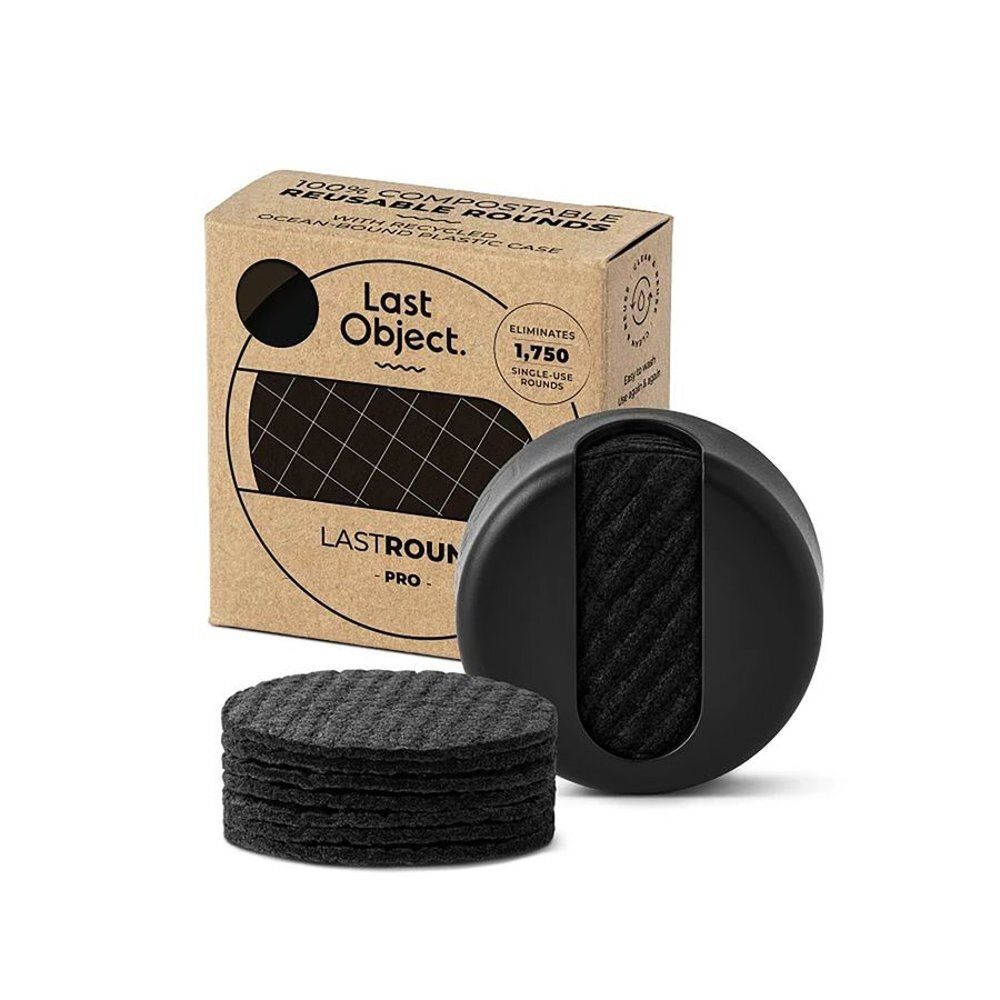 Emballage produit avec tampons noirs ronds et un contenant noir. Texte : "LastRound Pro".