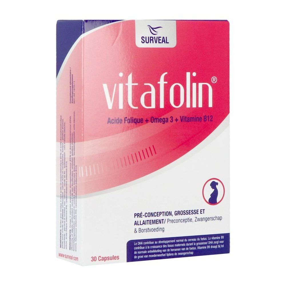 Boîte de Vitafolin® avec un design rouge et blanc. Contient 30 capsules. Texte en français et néerlandais. Illustration d'une femme enceinte.