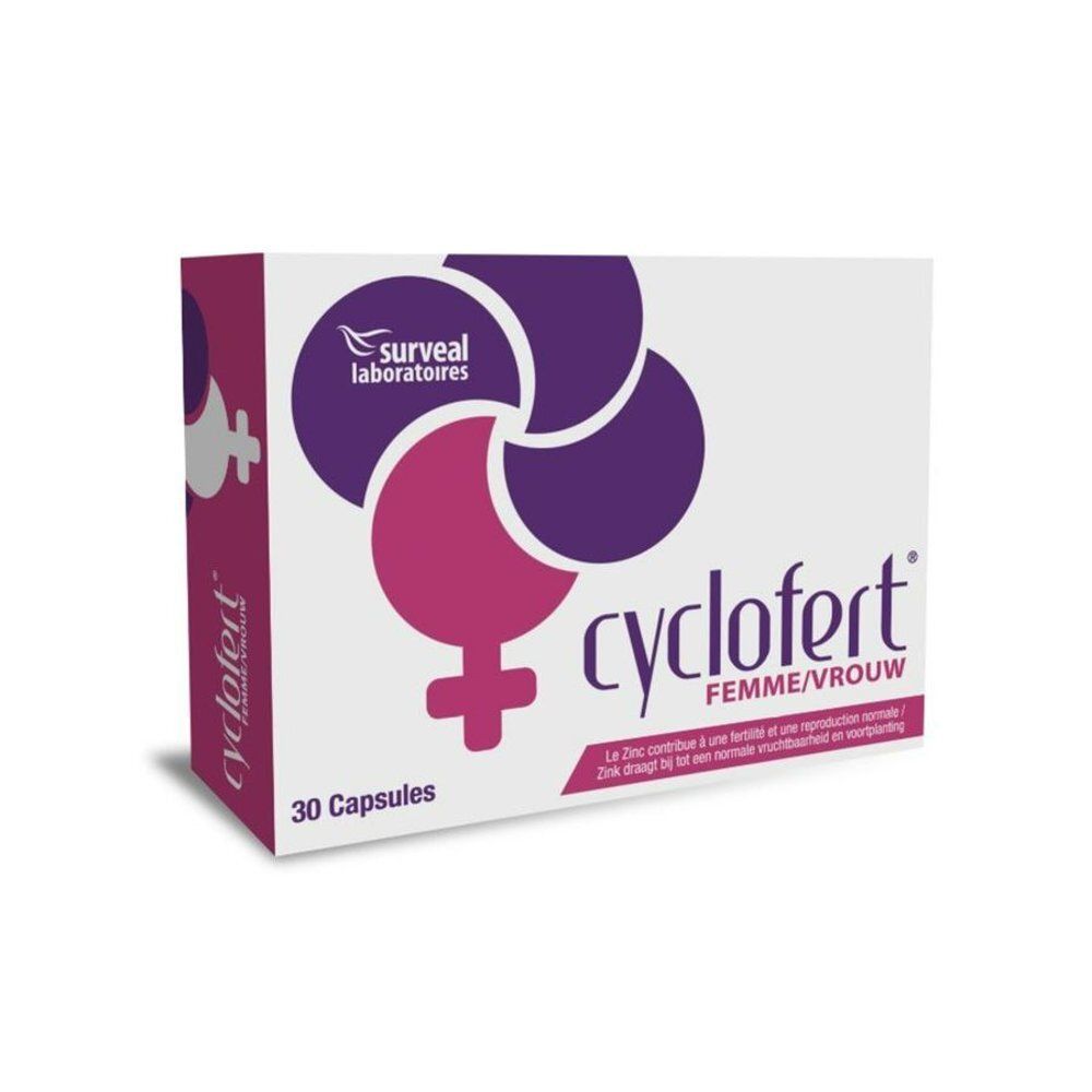 Boîte Cyclofert Femme/Vrouw. Logo Surval Laboratoires. 30 capsules. Emballage blanc et violet avec nom et symbole du produit.