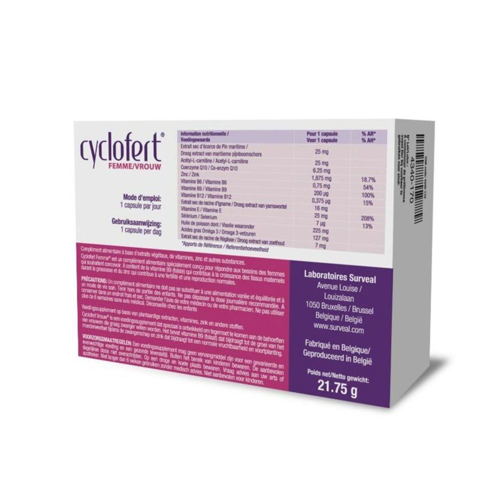 Dos de la boîte Cyclofert Femme/Vrouw. Contient des informations sur les ingrédients et le dosage. Informations fabricant et poids.