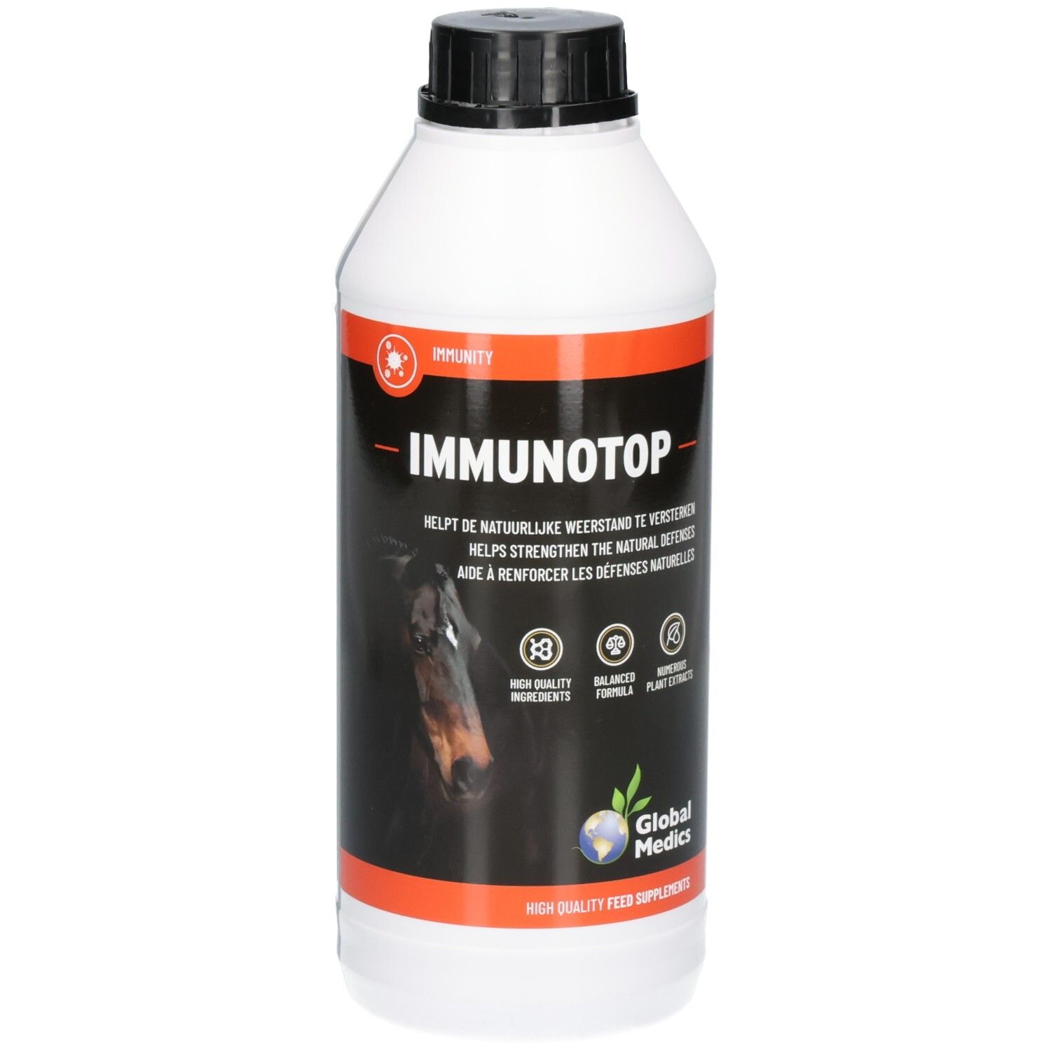 Witte fles met zwarte dop, etiket met 'IMMUNOTOP' en paardenafbeelding.