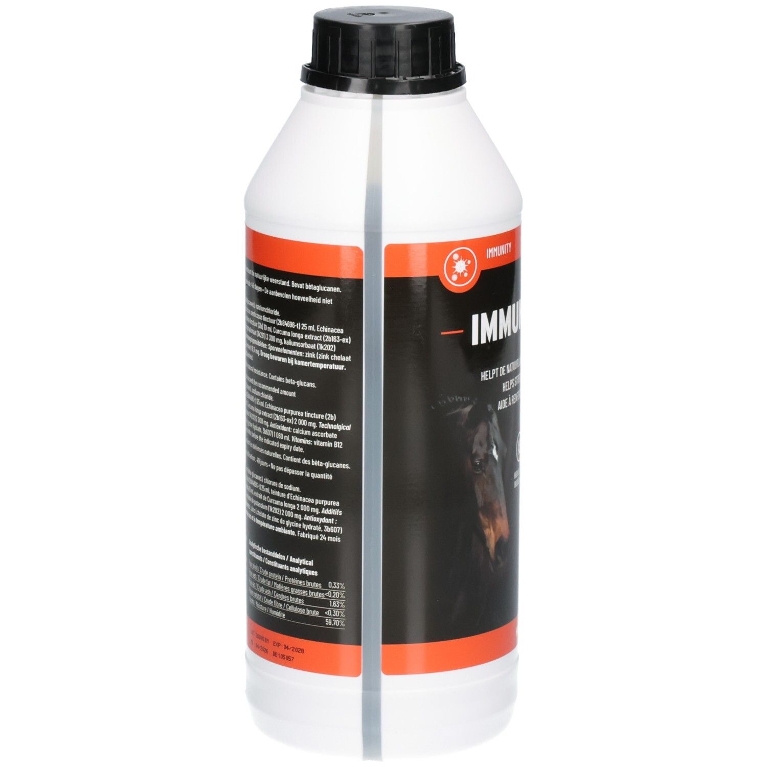 Achterkant van een witte fles met gedetailleerde productinformatie en ingrediënten.