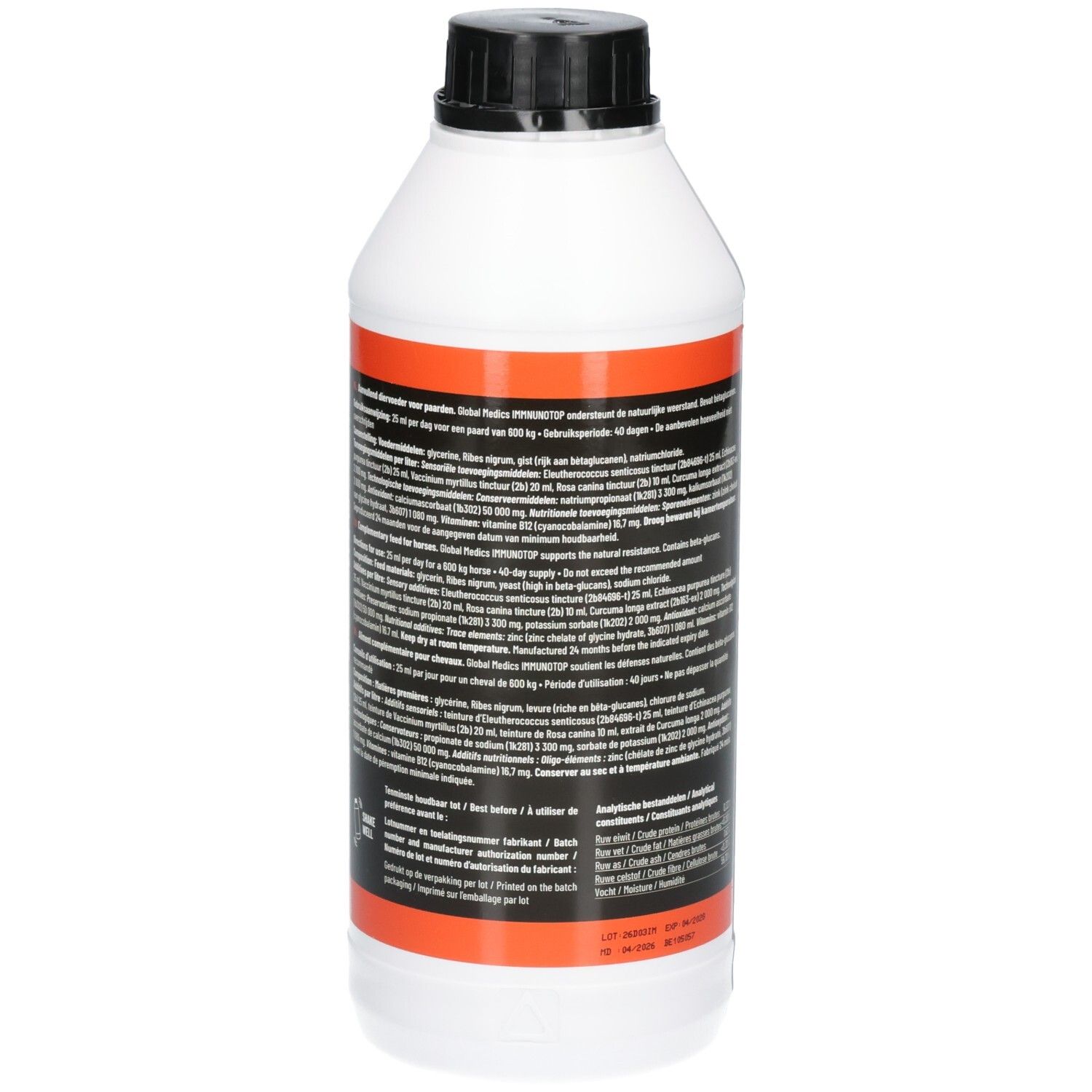 Achterkant van een witte fles met gedetailleerde gebruiksinstructies en ingrediënten.