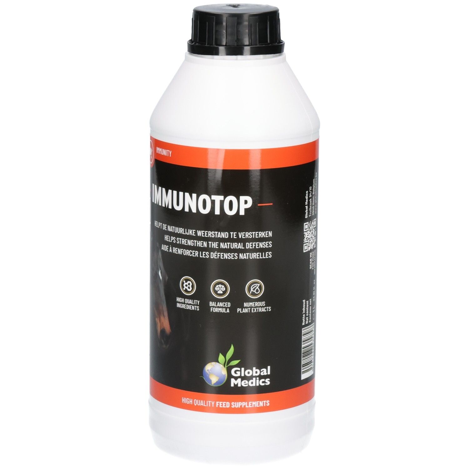 Witte fles met zwarte dop, etiket met 'IMMUNOTOP', paardenafbeelding en kwaliteitskeurmerken.