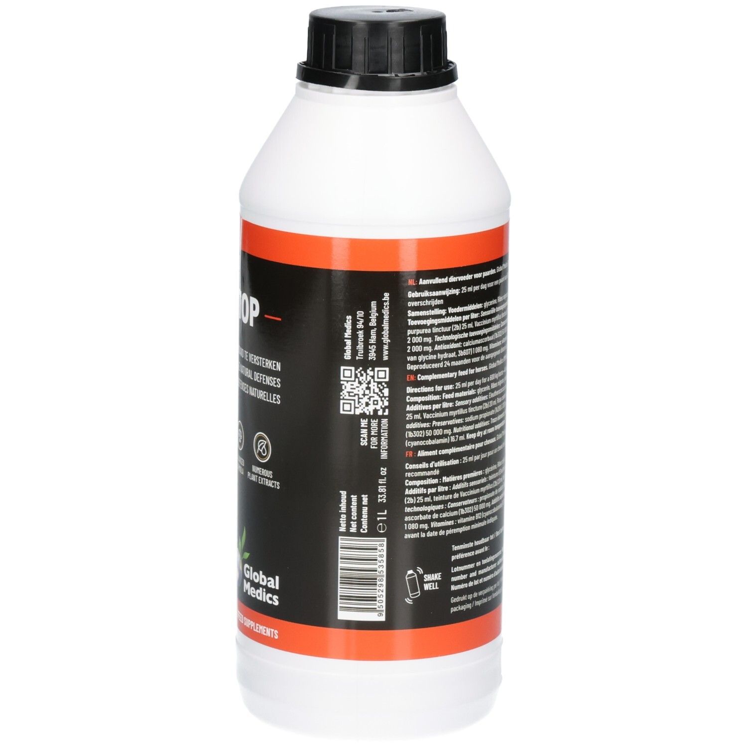 Zijaanzicht van een witte fles met etiket, QR-code en barcode.