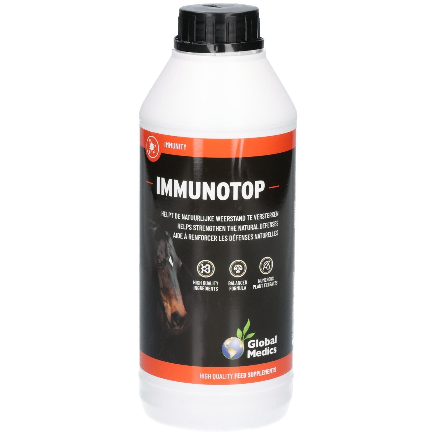 Witte fles met zwarte dop, etiket met 'IMMUNOTOP', paardenafbeelding en Global Medics logo.
