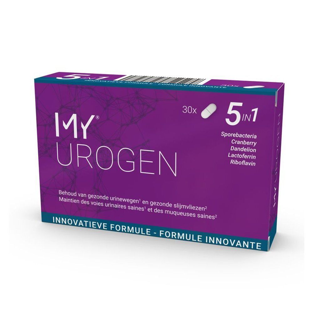 Paarse doos MY UROGEN, 30 capsules, 5 in 1. Ingrediënten: Sporebacteria, Cranberry, Paardenbloem, Lactoferrine, Riboflavine. Tekst in het Nederlands en Frans.