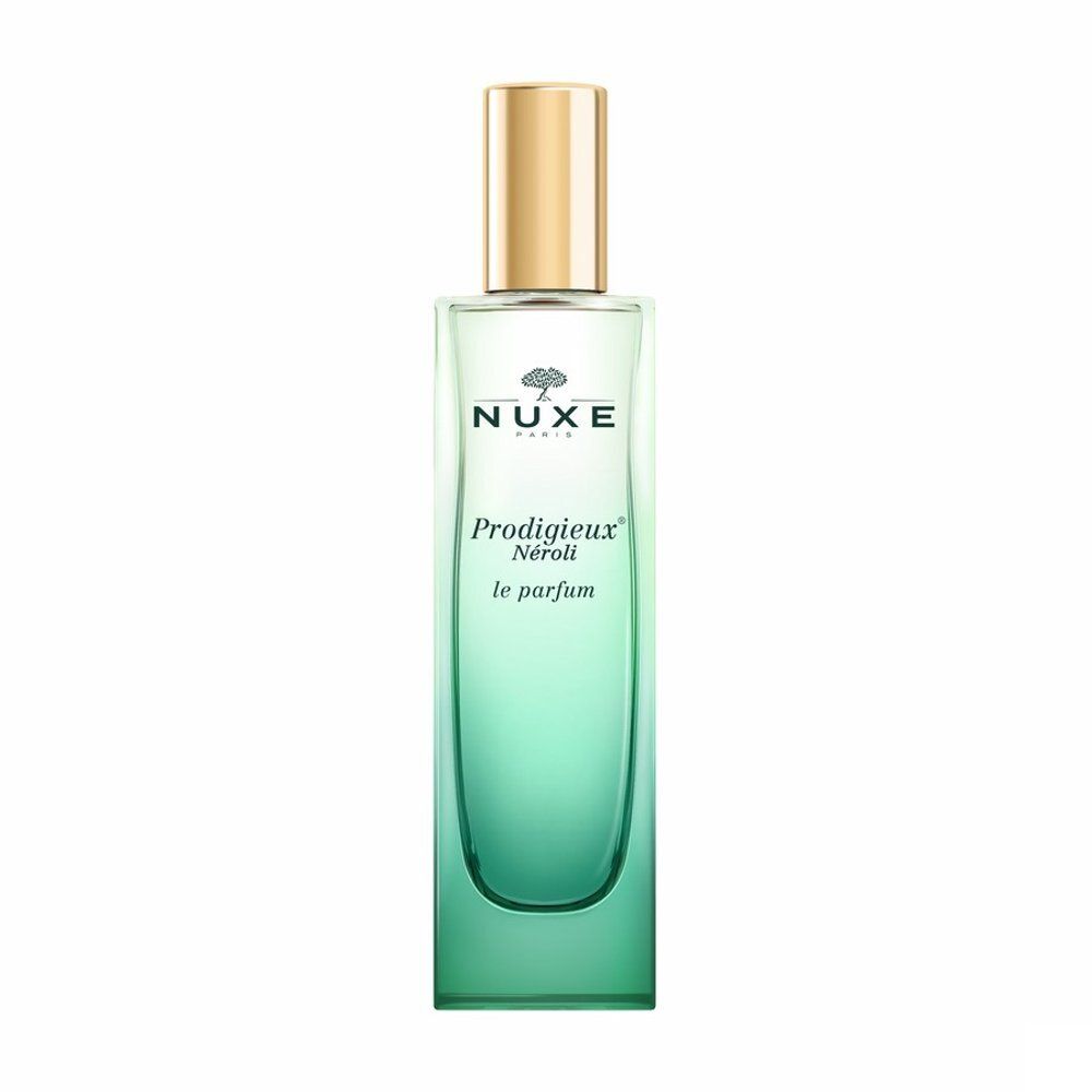 Nuxe Prodigieux Neroli Eau de Parfum flesje, 50ml, met gouden dop en groen verloop.