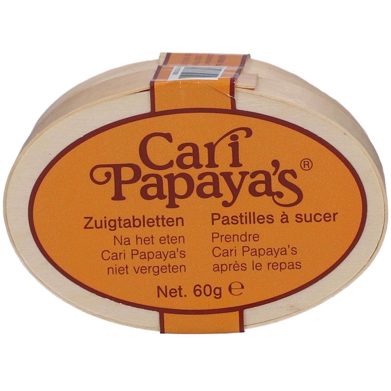 Ovale houten doos met oranje etiket. Opschrift: Cari Papaya's, Pastilles à sucer, Zuigtabletten. Netto 60g.