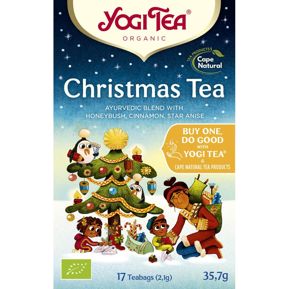 Verpakking van Yogi Tea® Christmas Tea. Voorkant met illustratie, logo en productnaam. 17 theezakjes, 35,7g.