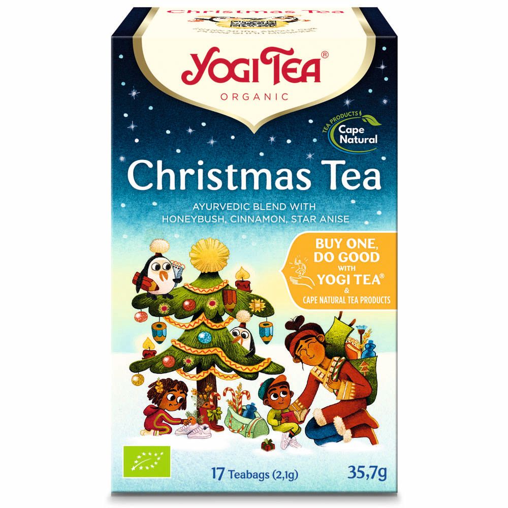 Verpakking van Yogi Tea® Christmas Tea. Voorkant met illustratie, logo en productnaam. 17 theezakjes, 35,7g.