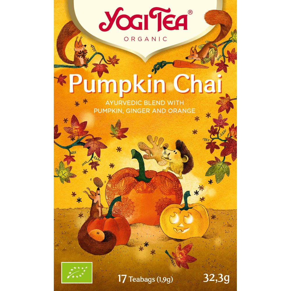 Gele Yogi Tea verpakking met Pumpkin Chai. Bevat 17 theezakjes. Bio-keurmerk.