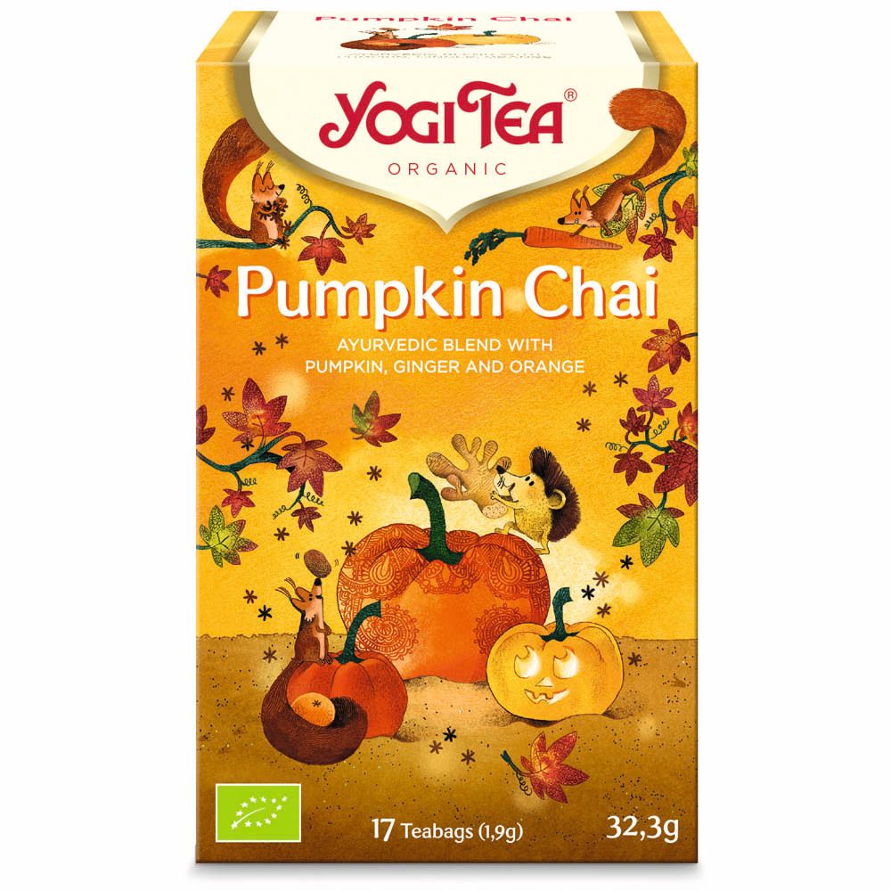 Boîte jaune Yogi Tea Pumpkin Chai. Contient 17 sachets de thé. Label bio.
