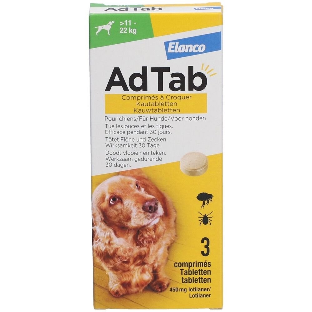 Voorkant van de AdTab verpakking. Toont een hond, tabletten en gebruiksinformatie. Bevat 3 tabletten.