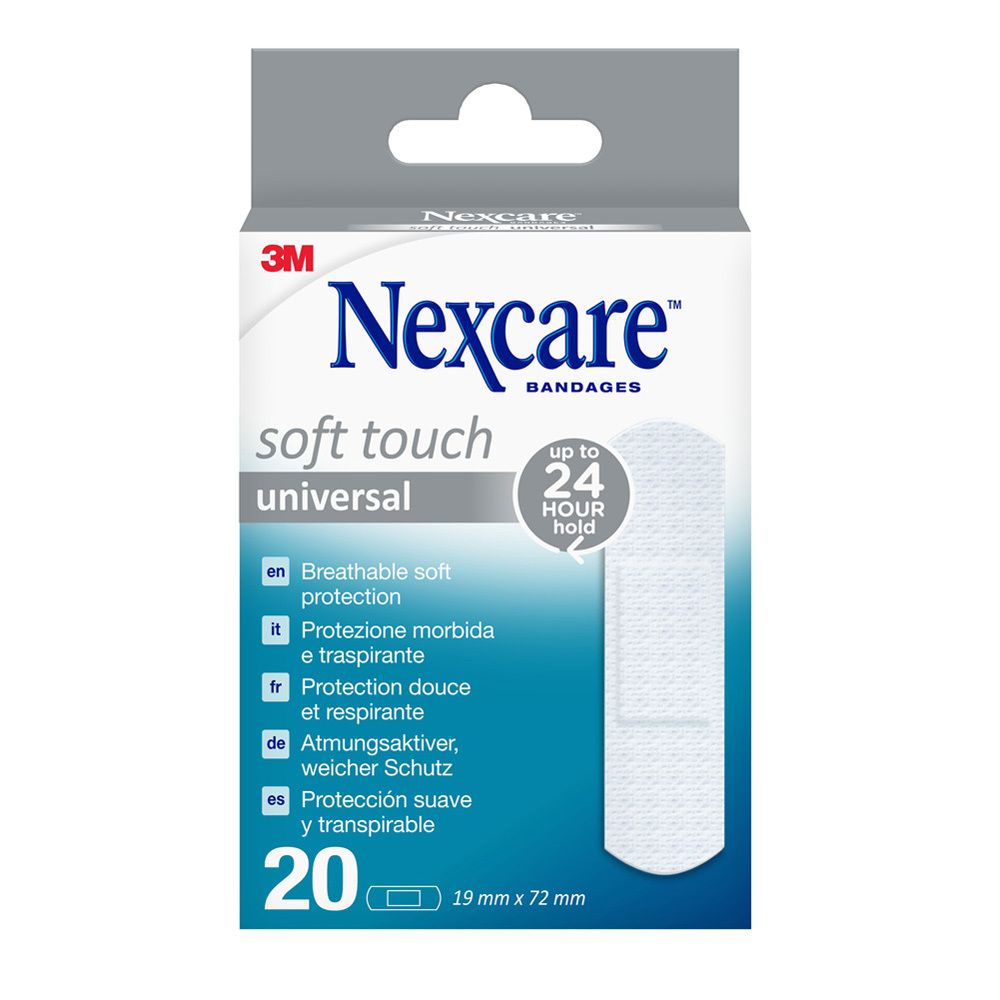Verpakking Nexcare Soft Touch Universal pleisters. 20 stuks, 19 mm x 72 mm. Opschrift: 3M, Nexcare, Soft Touch, Universal.
