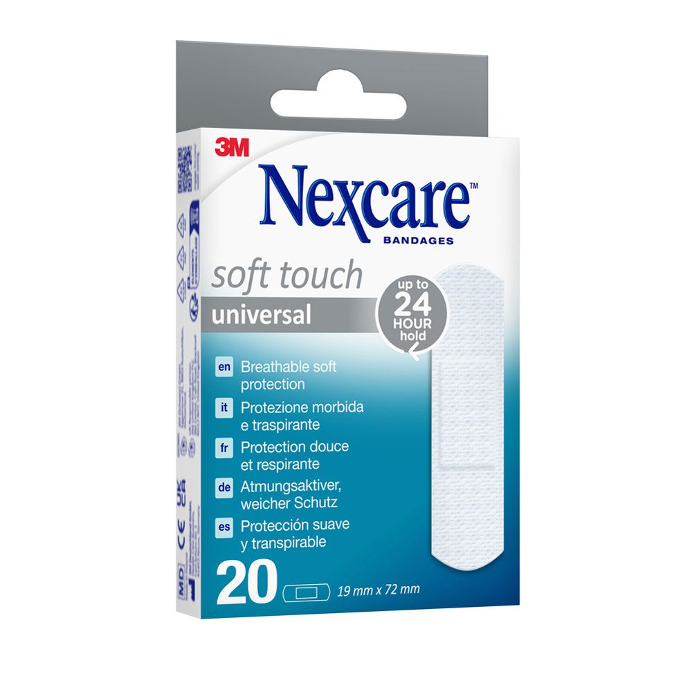 Boîte de pansements Nexcare Soft Touch Universal. 20 pièces, 19 mm x 72 mm. Inscription : 3M, Nexcare, Soft Touch, Universal.